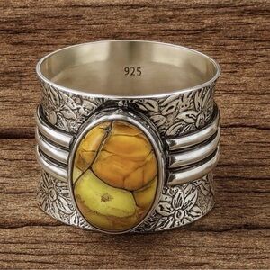 Yellow Honey Rose Dahlia Turquoise Hammered Ring 925 SS Size 9